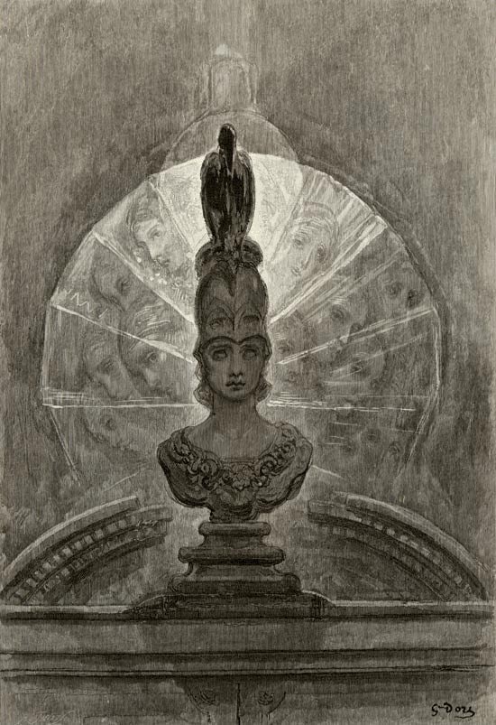 Gustave Doré's 1884 illustration of the raven perched upon a bust of Pallas